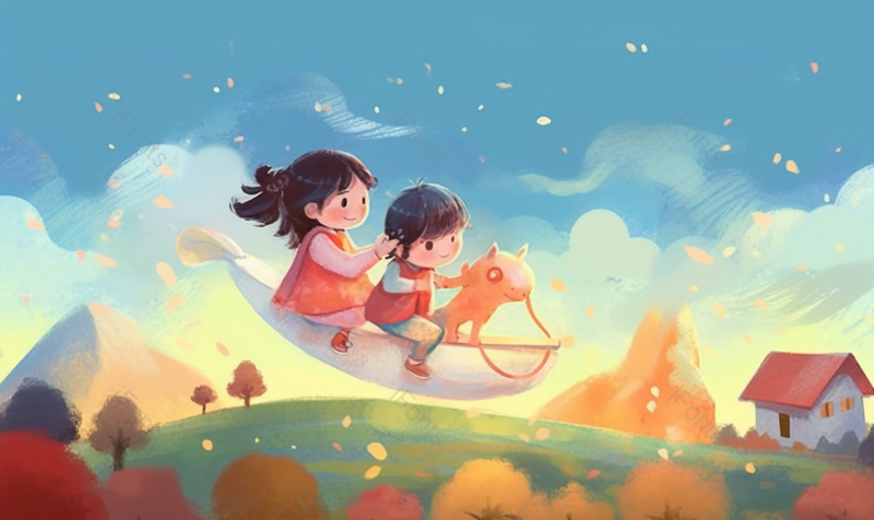 两个小孩带玩偶儿童节欢乐幻想小孩做梦天空飞翔插画,插画/手绘图,插画/手绘图库,插画/手绘图下载,插画/手绘